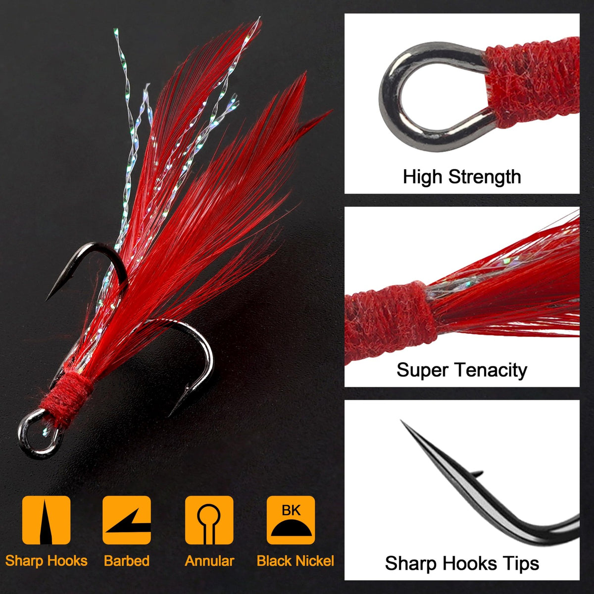 Fishing Treble Hooks Kit 50pcs Feathered Dressed Round Bend Saltwater & Freshwater