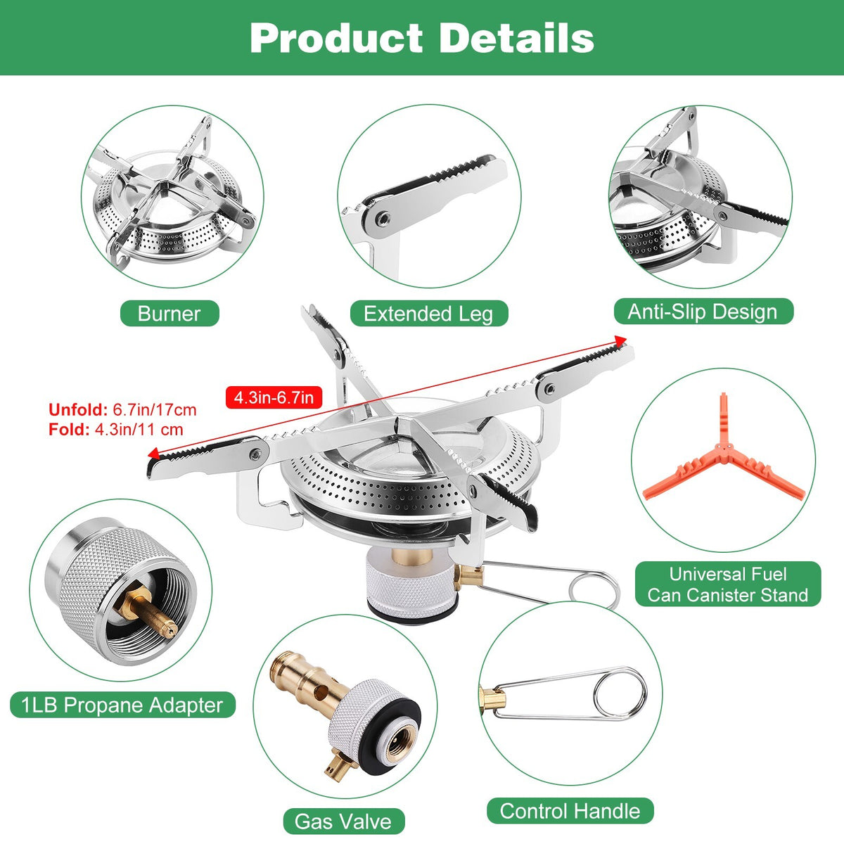 Portable Camping Stove Burner with 1LB Propane Tank Adapter for Backpacking & Outdoor Cooking