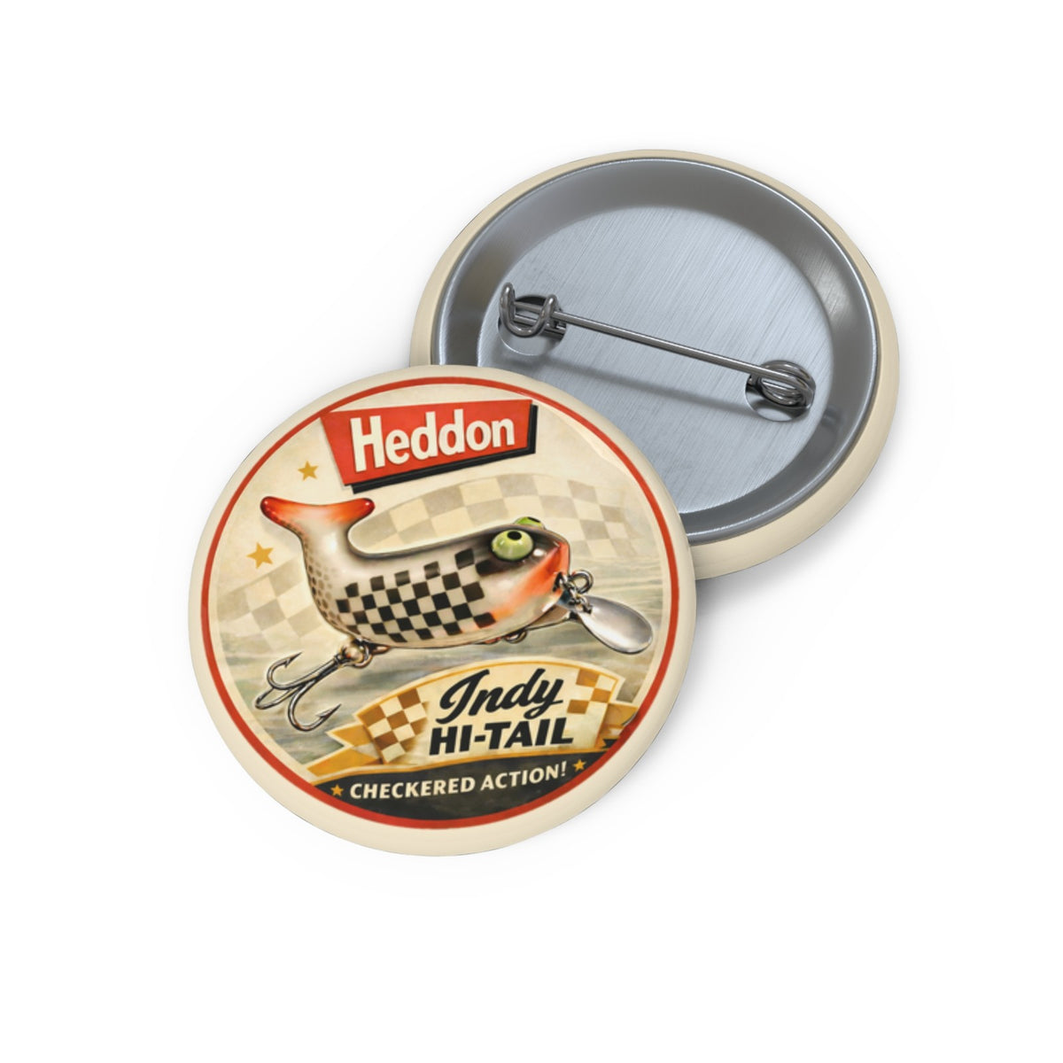 Fishing Lure Pinback Button Checkered Flag Vintage Style Badge