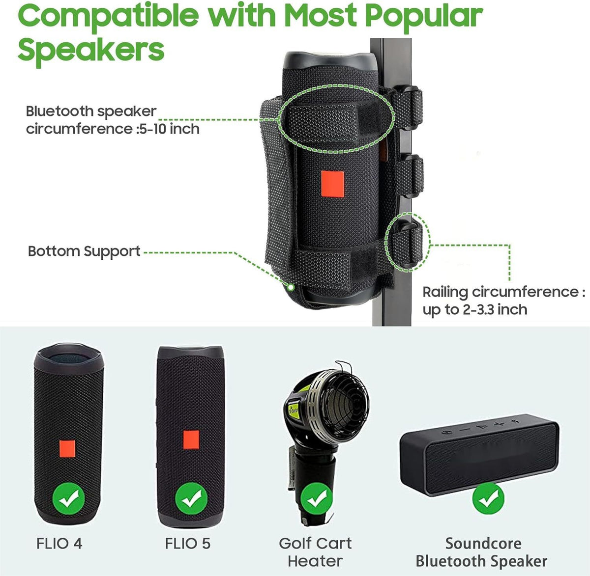 Portable Speaker Mount with Adjustable Strap for Golf Cart Bike ATV