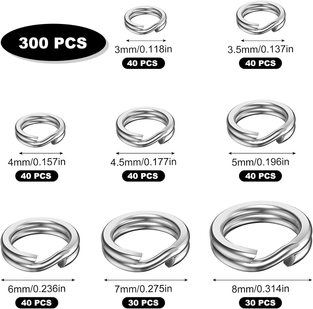 Fishing Split Rings Set 8 Sizes 300 Pcs for Lures Hooks and Tackle