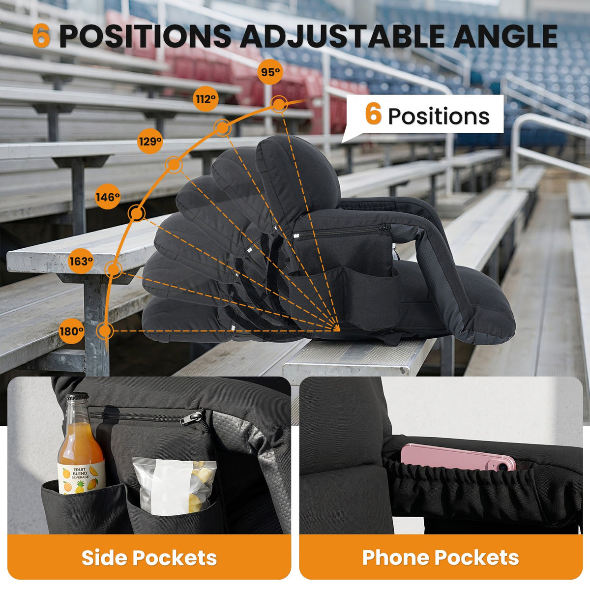 Adjustable Stadium Seat Cushion with Back Support for Bleachers - Multiple Sizes
