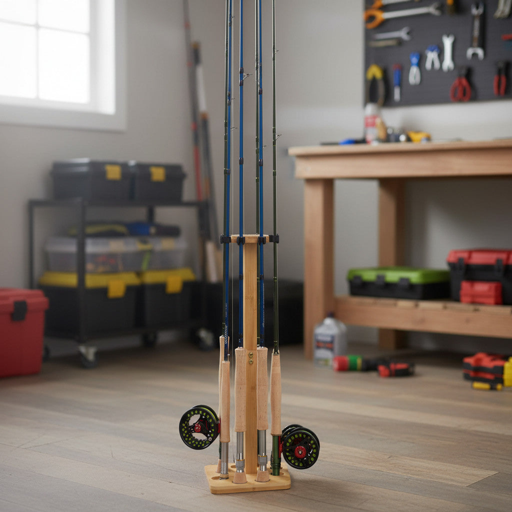 Fishing Rod Holder Rack for Garage - Holds Up to 8 Rods, Bamboo Floor Stand