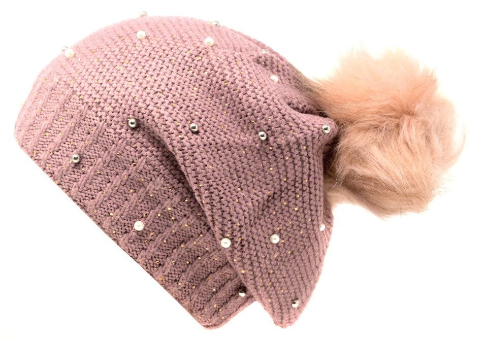 Women's Winter Cable Knit Beanie Hat with Pom Pom Fur Lining Warm Accessory