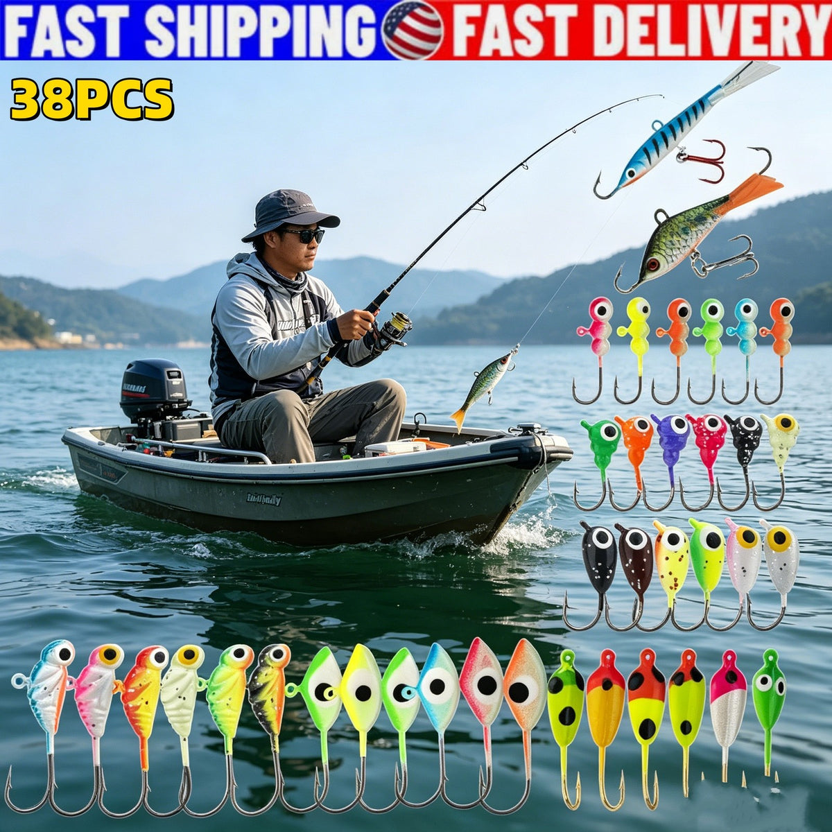 38Pcs Ice Fishing Jigs Set Glow Lures for Perch Crappie Panfish - Tackle Kit