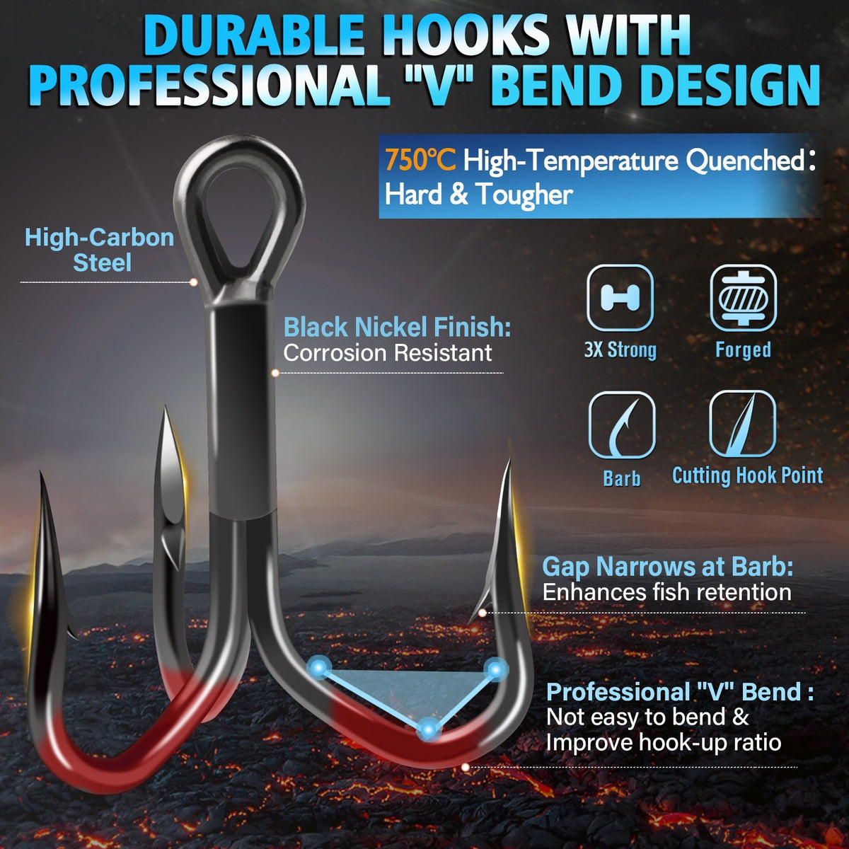 50pcs High Carbon Steel Treble Hooks Outward-Angled Point Fishing Hooks - Strong & Corrosion-Resistant