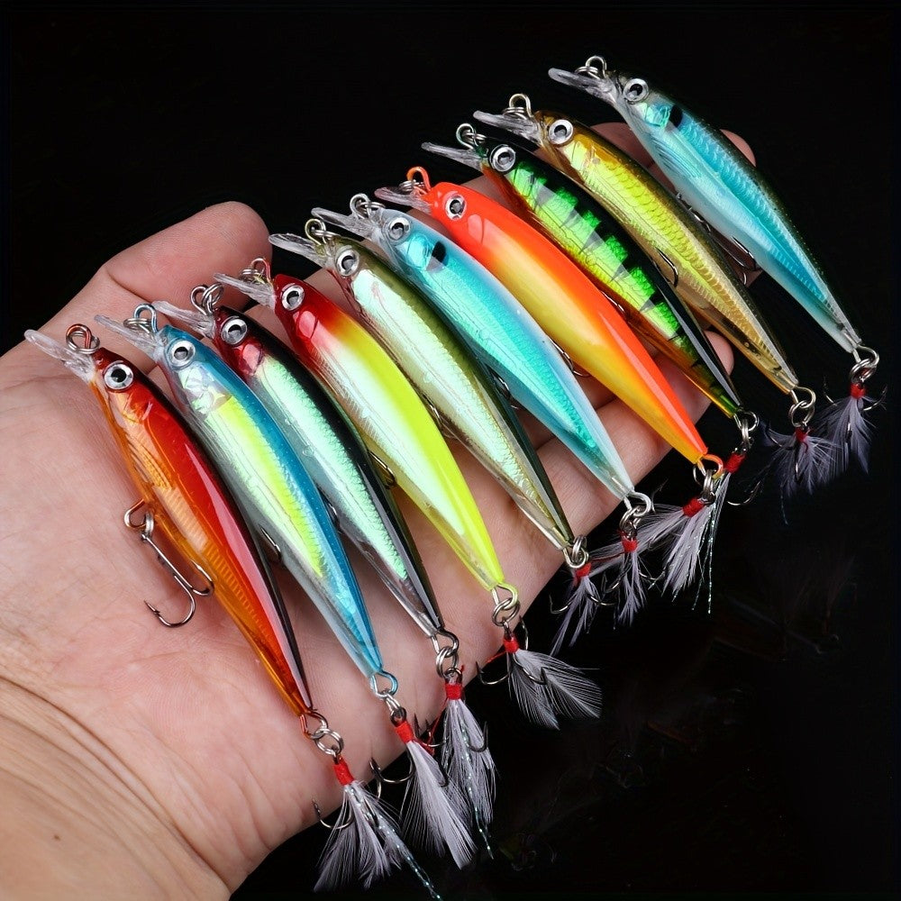 10-Pack Colorful Topwater Minnow Fishing Lures Hard Bait Tackle Kit