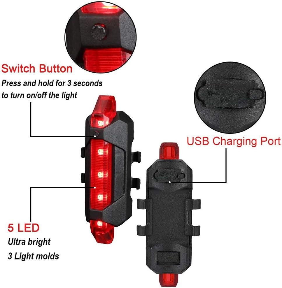 USB Rechargeable Bicycle Headlight and Tail Light Set - Super Bright, Waterproof, 360° Visibility