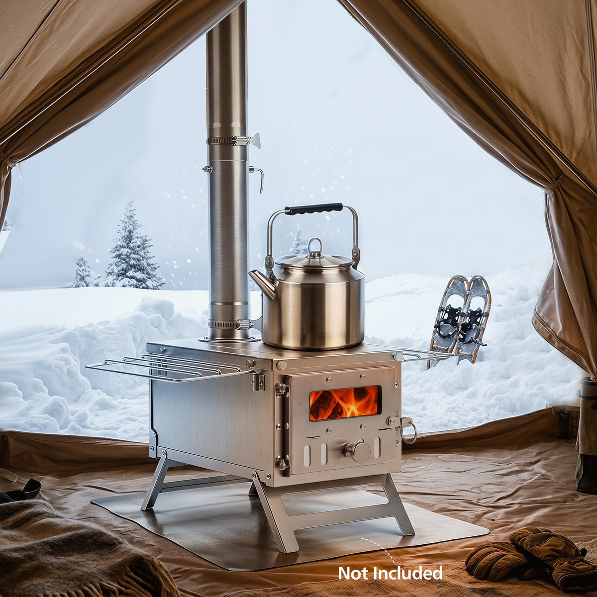 Portable Wood Burning Tent Stove with Chimney Pipes and Spark Arrestor