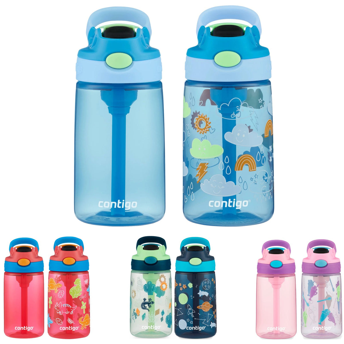 Kids Water Bottle 14 oz with Autospout Straw 2-Pack, Durable Plastic
