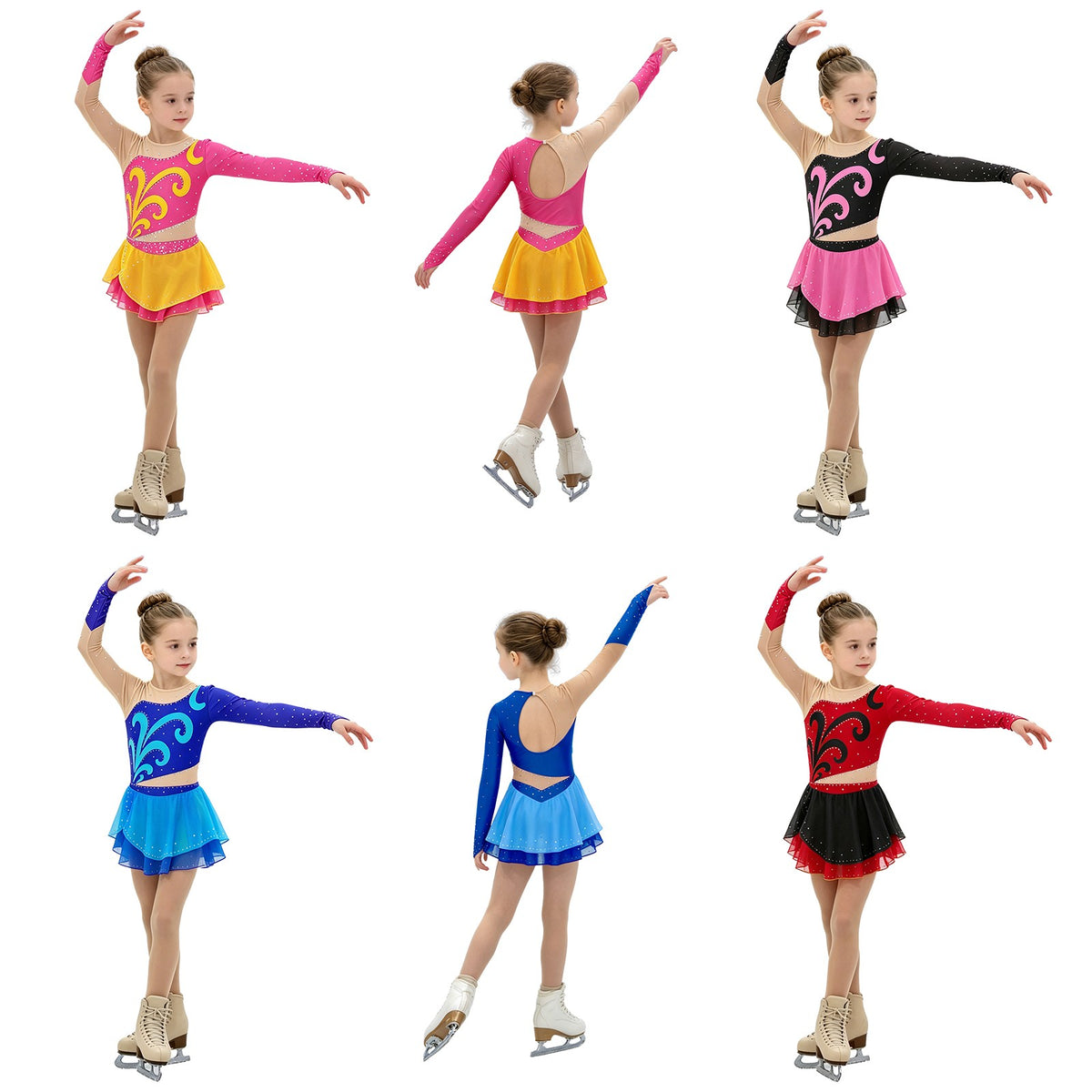 Girls Figure Skating Dress Long Sleeve Rhinestone Mesh Ice Skating Competition
