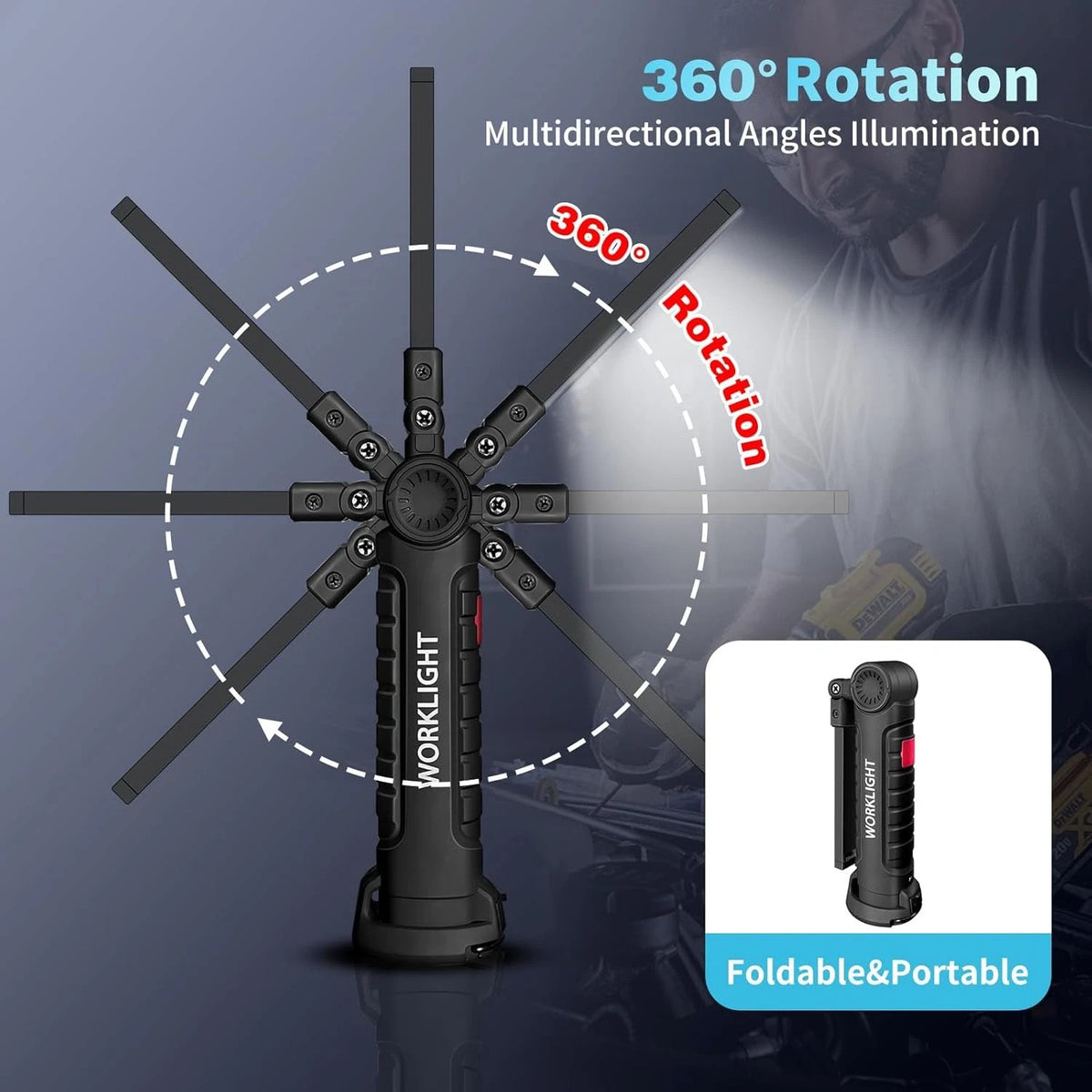 Rechargeable LED Work Light with Magnetic Base, 360° Rotatable, USB-C