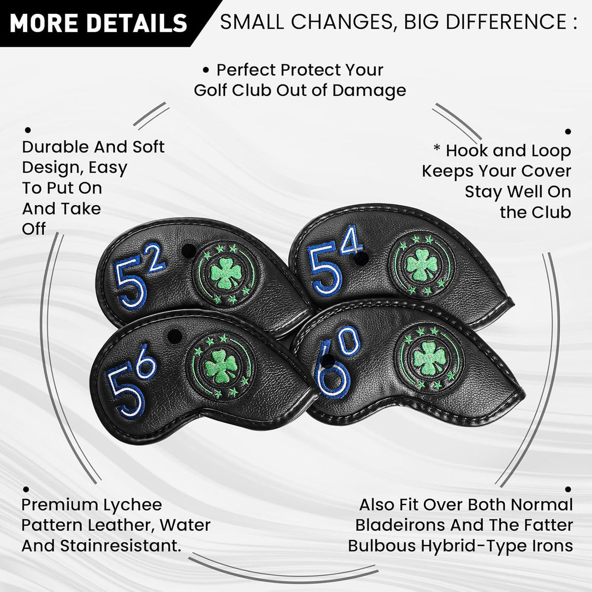 Golf Wedge Iron Head Covers 52°, 54°, 56°, 60° - Waterproof & Durable