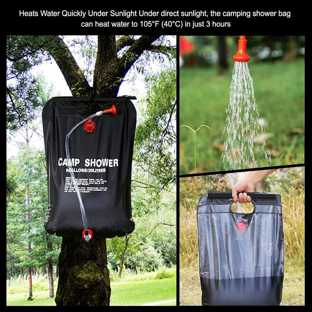20L Solar Camping Shower Bag with Hose & Head - Portable Outdoor Heating