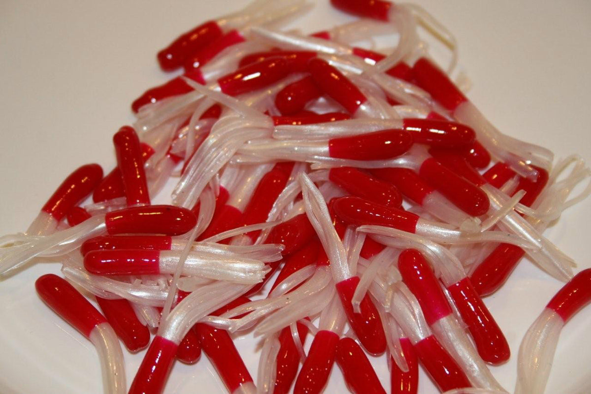 Crappie Fishing Tube Skirts Pack of 100 - Red & White Baits for Perch Bluegill
