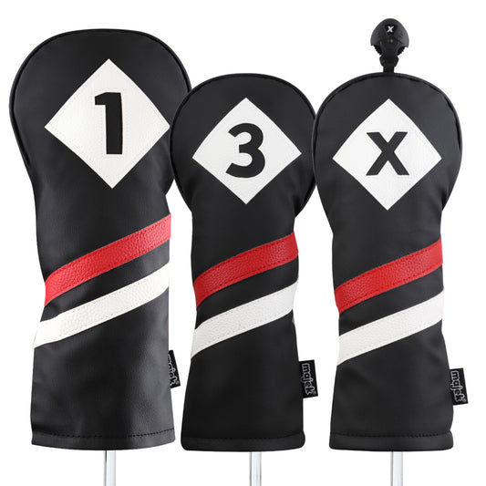 Retro Golf Headcover Set for Drivers and Fairway Woods - Black Red White Leather Style