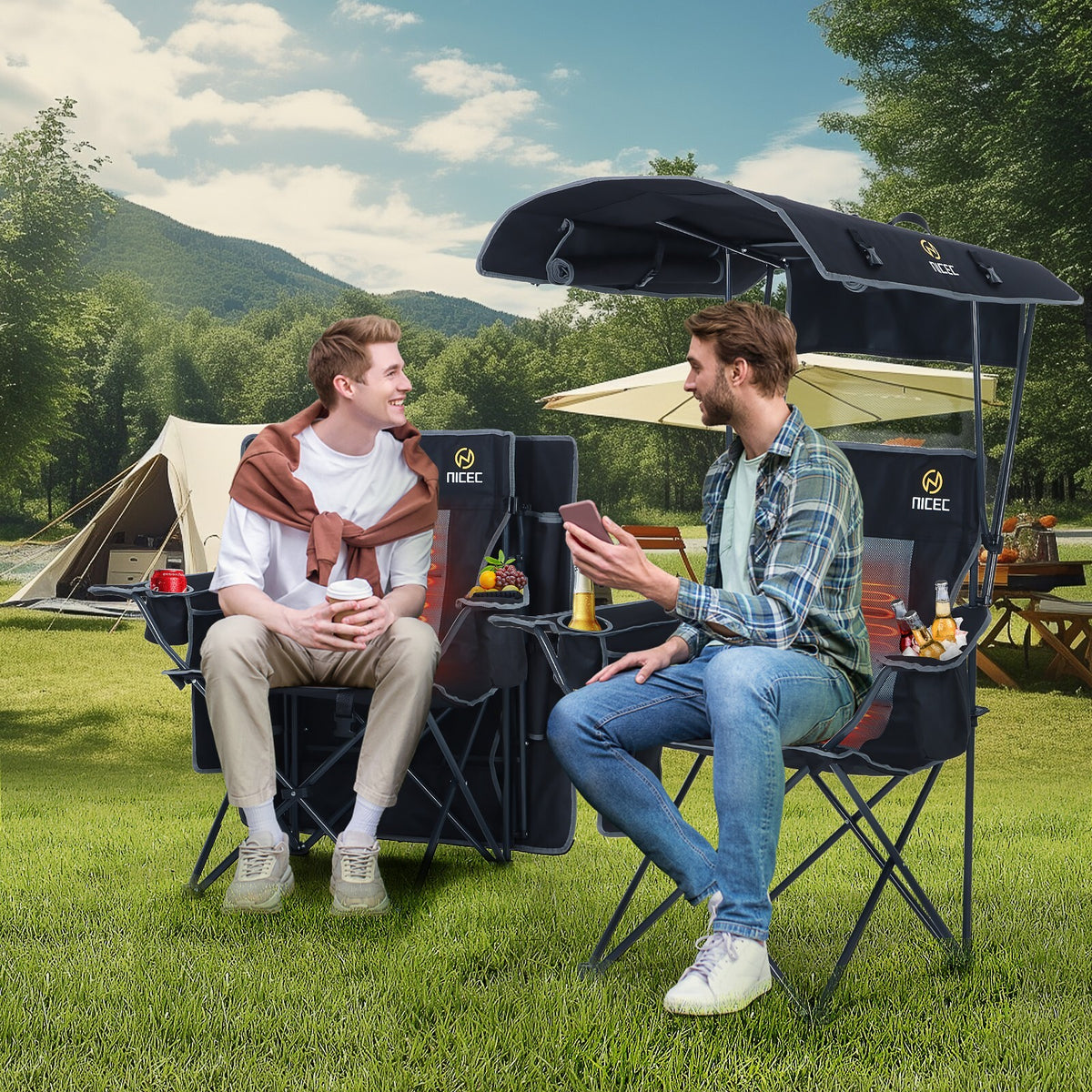 Heated Outdoor Camping Chair with Canopy and Footrest - Portable Shade