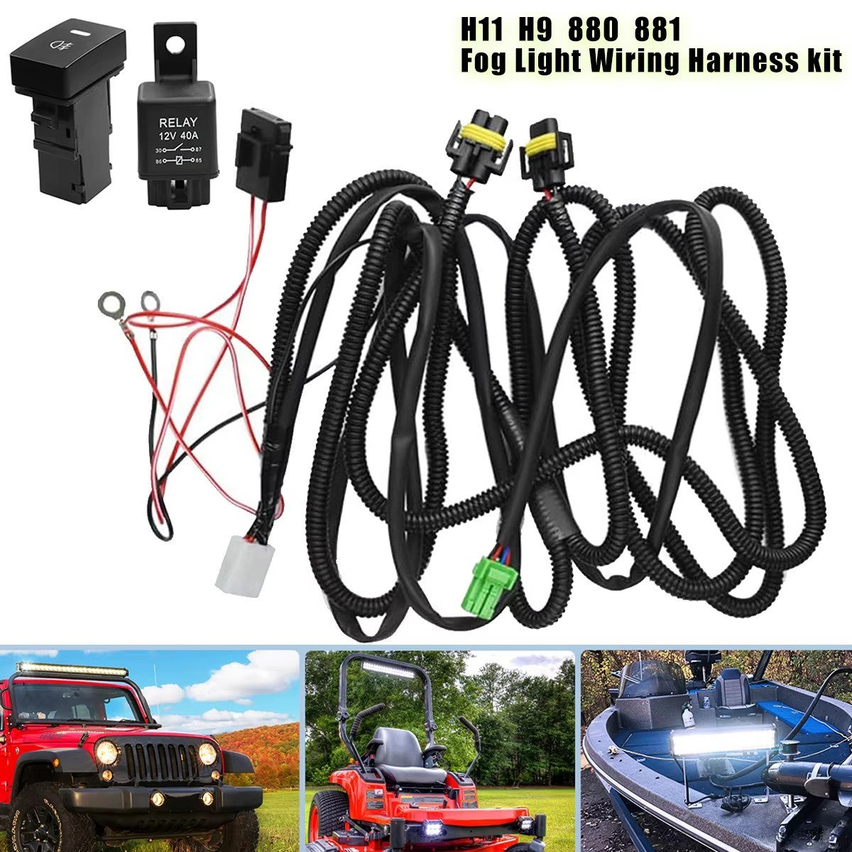 H11 Fog Light Wiring Harness Kit with Switch and LED Indicator - 12V 40A