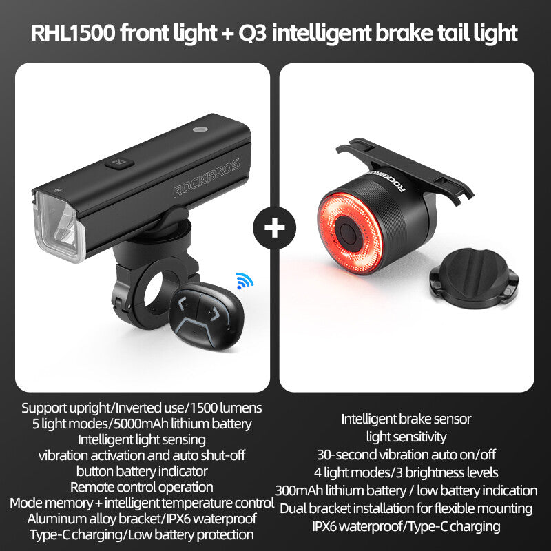 High Brightness Bike Front & Rear Light Set USB-C LED Headlight 1500LM