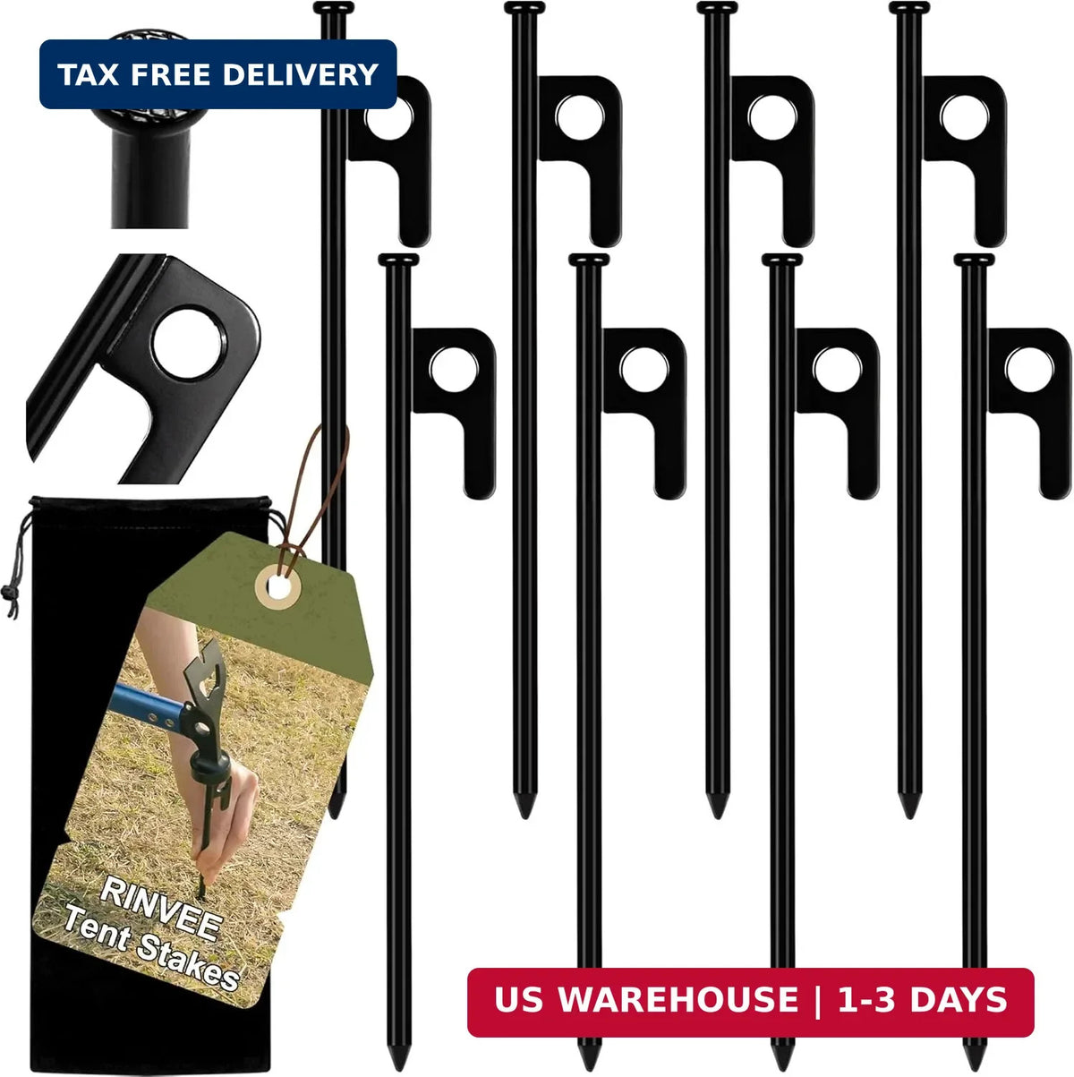 Heavy Duty Steel Tent Stakes - 8 Pack Ground Anchors for Camping & Outdoors