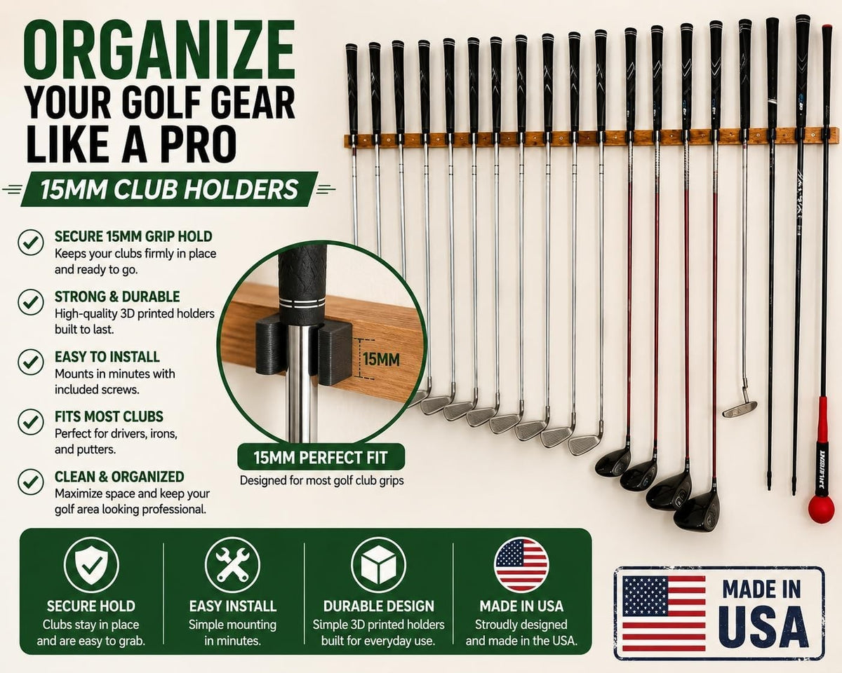 Golf Club Wall Mount Holders - 16 Pack Adjustable Golf Organizer for Garage & Man Cave