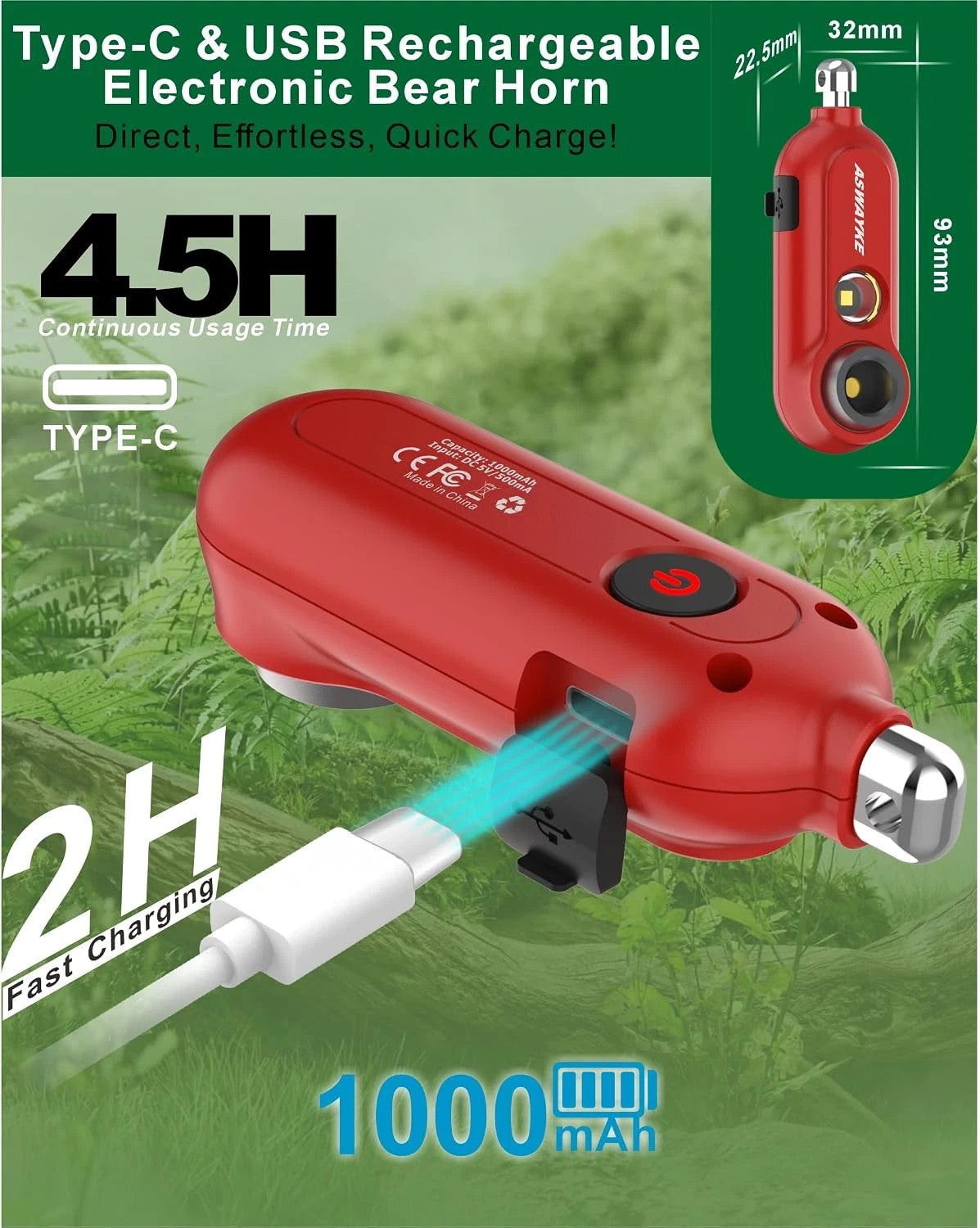 Rechargeable 125dB Waterproof Bear Horn with LED Flashlight & USB-C Charging