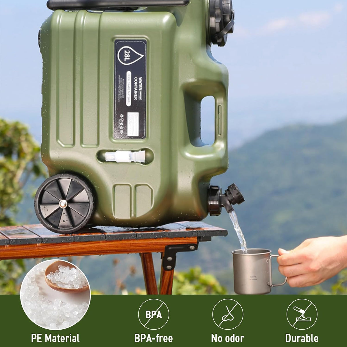 28L Portable Water Jug with Faucet and Wheels for Outdoor Camping