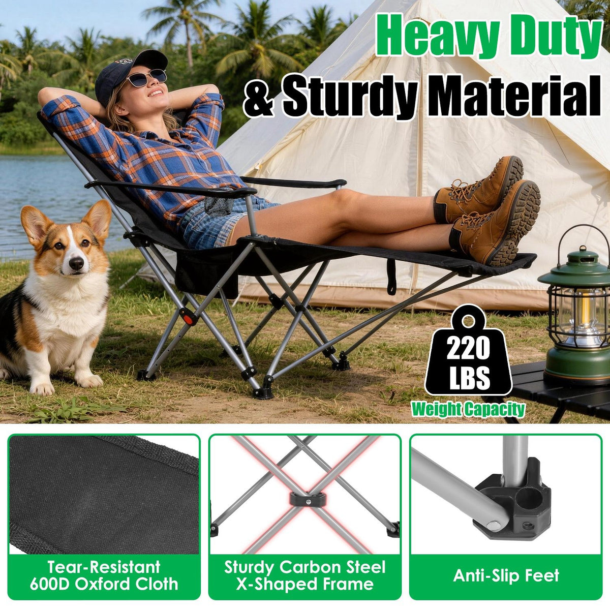 Reclining Camping Chair with Canopy & Footrest - Folding Outdoor Seat