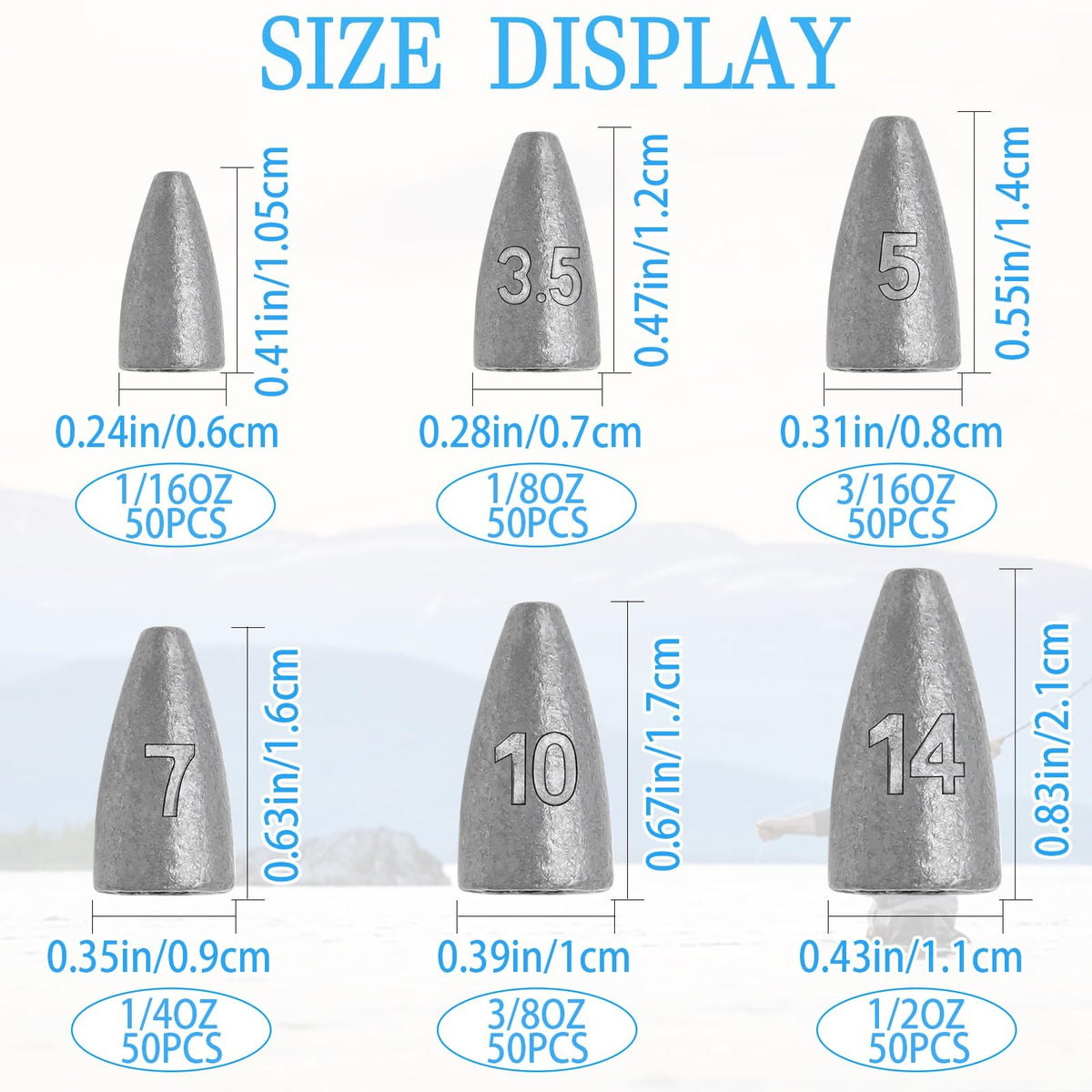 50PCS Bullet Fishing Sinkers Weights for Bass Worm Fishing - Multiple Sizes