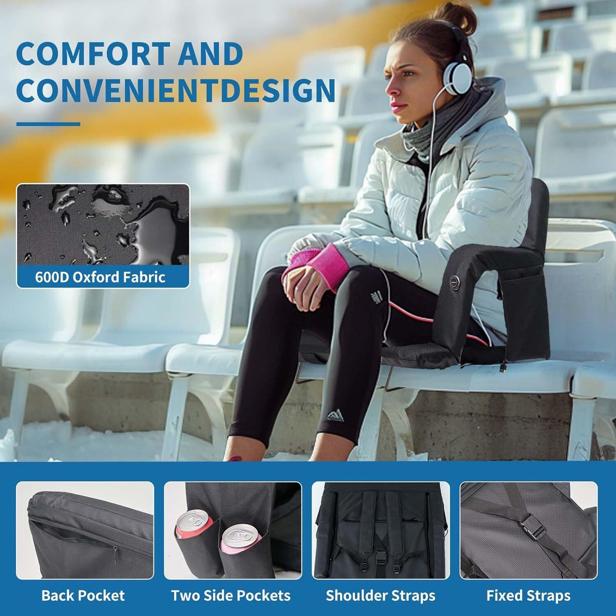 Heated Stadium Seat with Back Support & Reclining Positions - USB Power