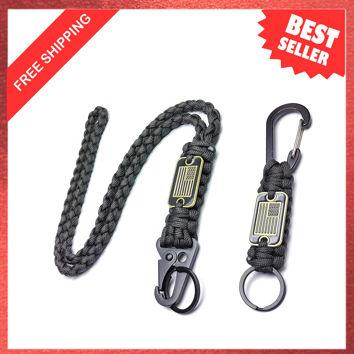 Heavy Duty Paracord Lanyard Keychain with USA Flag - Tactical Outdoor Accessory