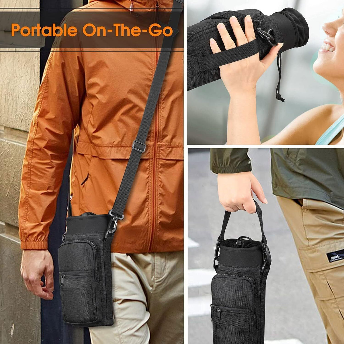 Sports Water Bottle Carrier Bag with Pockets Adjustable Strap for Hiking Travel