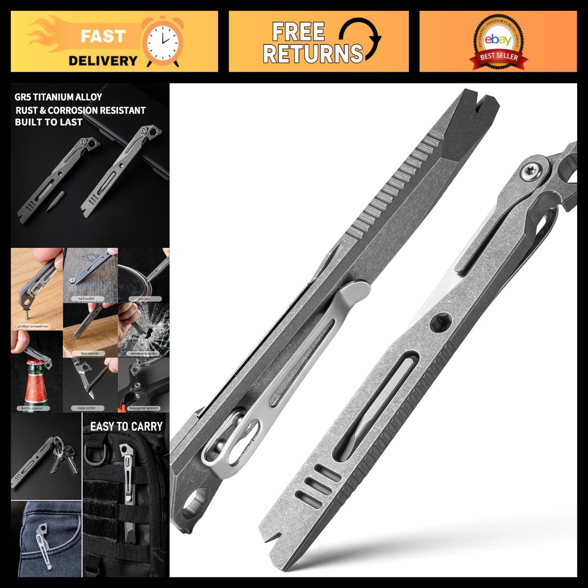 5-in-1 Portable Multi Tool Pry Bar with Bottle Opener and Screwdriver