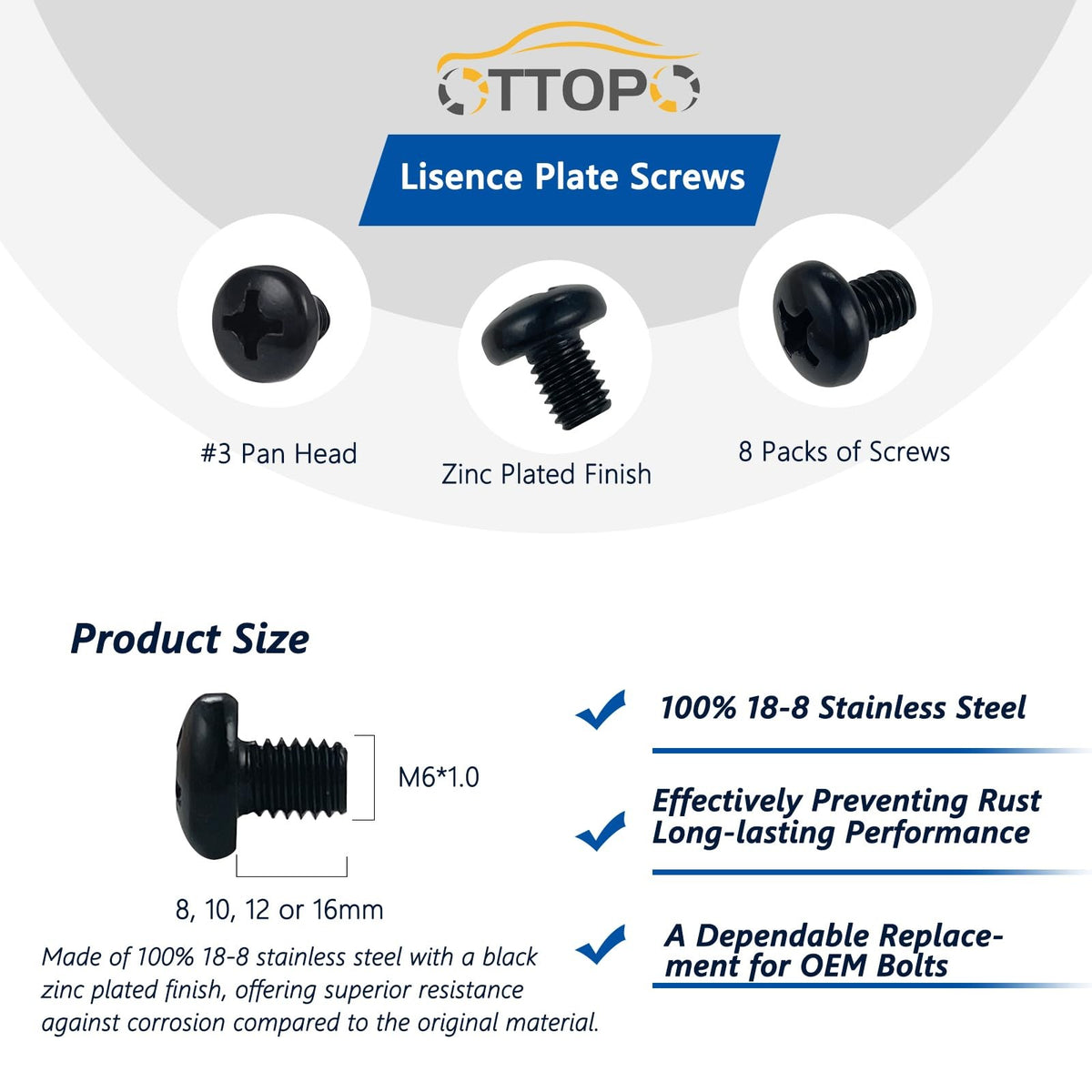 Black License Plate Screws M6-1.0 x 12mm Set for Vehicles