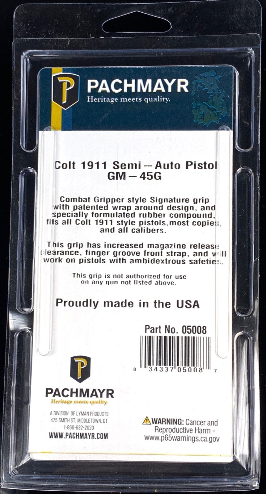 Pachmayr 1911 Gov't Signature Wrap-Around Rubber Grip with Finger Grooves