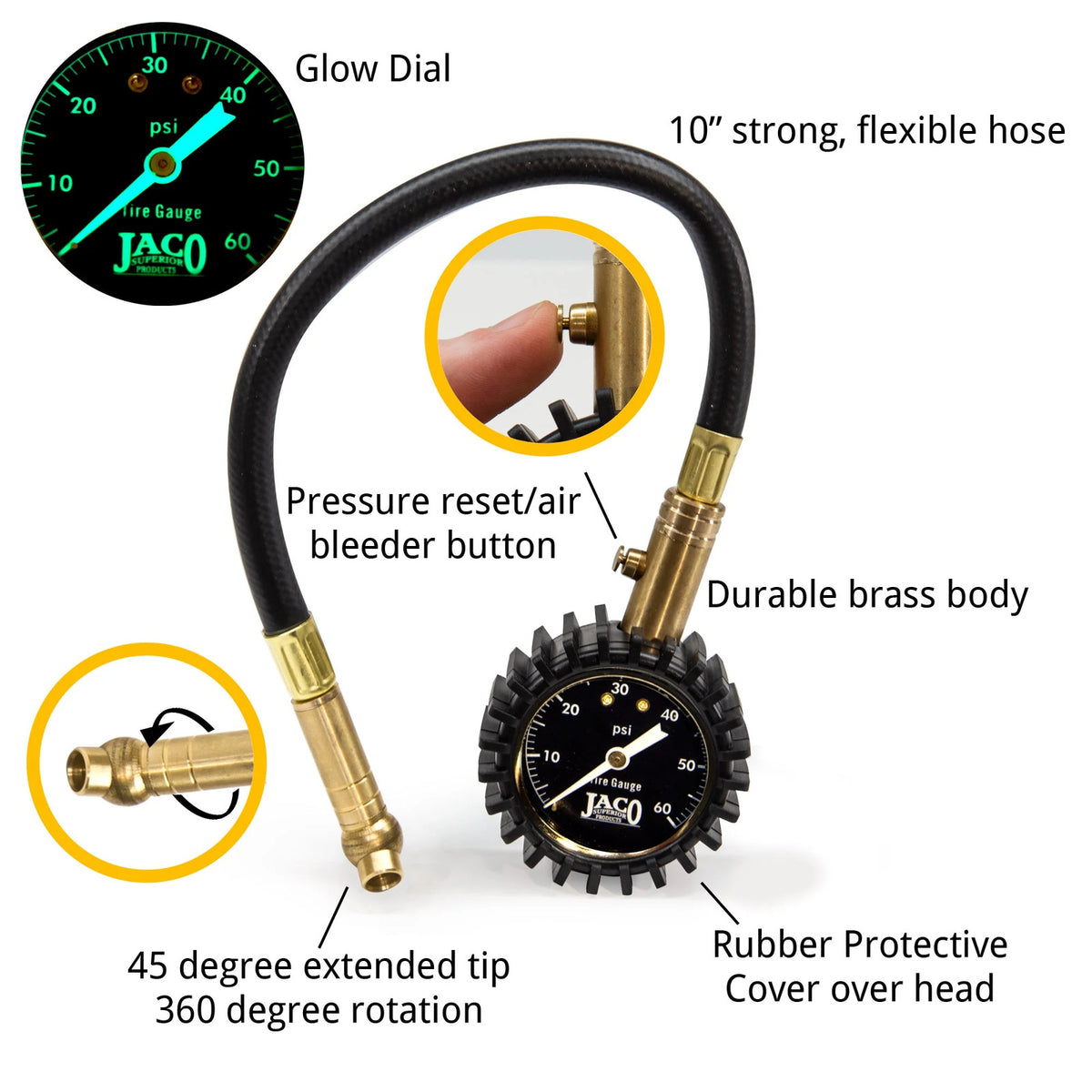ElitePro 60 PSI Tire Pressure Gauge - Accurate Analog Dial with Rubber Shock Guard