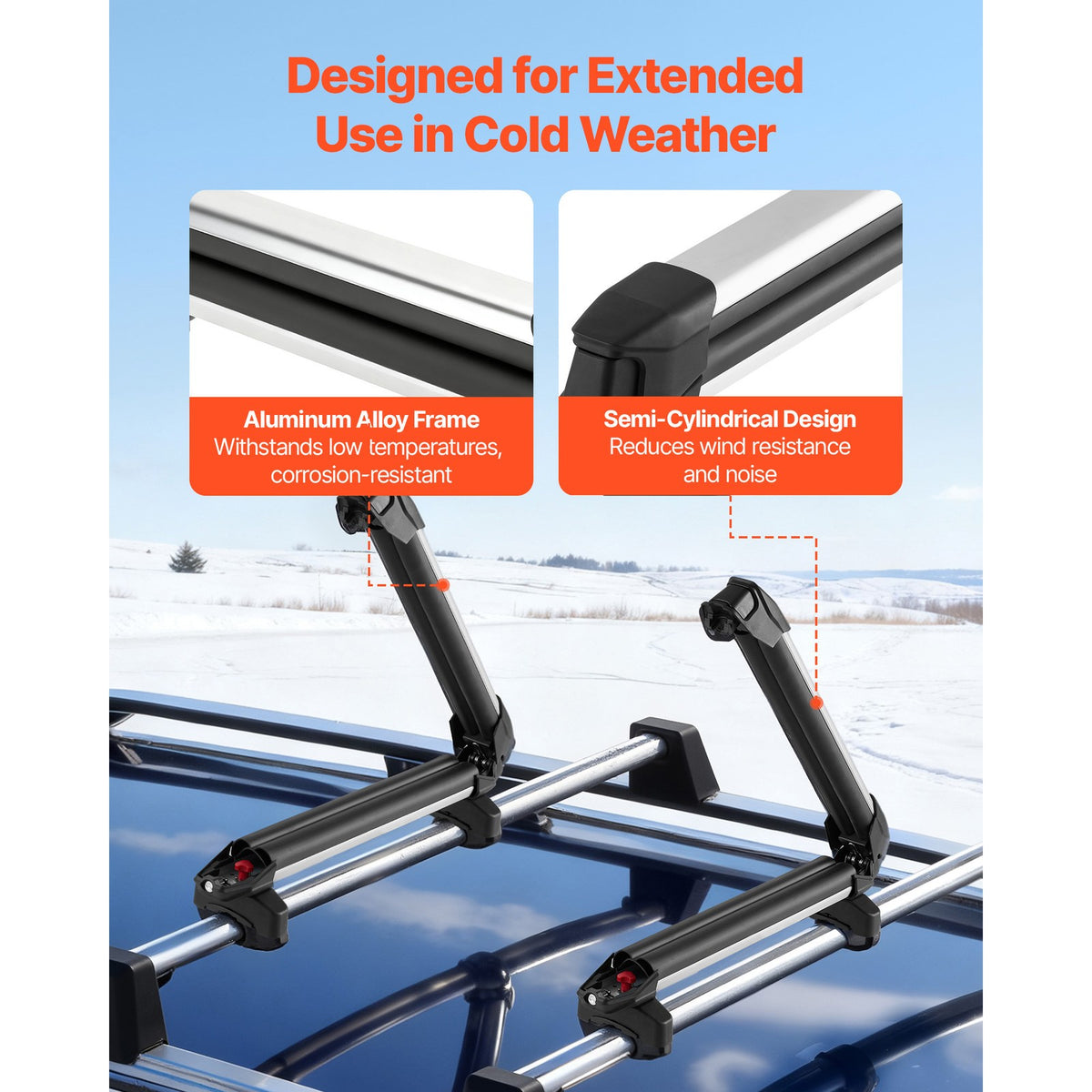 Ski & Snowboard Roof Rack for 4 Skis or 2 Snowboards - Durable Aluminum