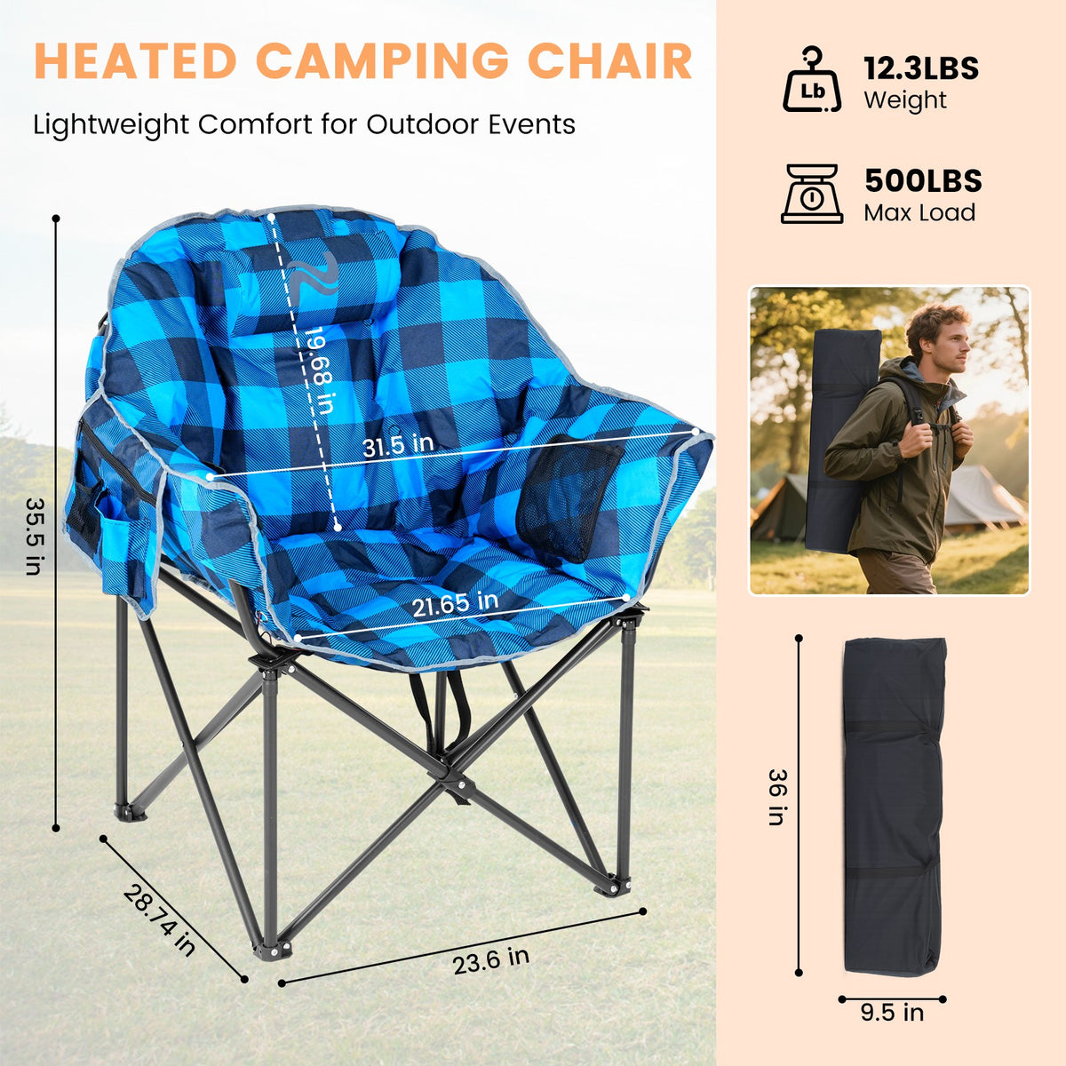 Oversized Heated Camping Chair with 3 Heat Levels - Foldable Outdoor Lounge Seat Support 500 lbs