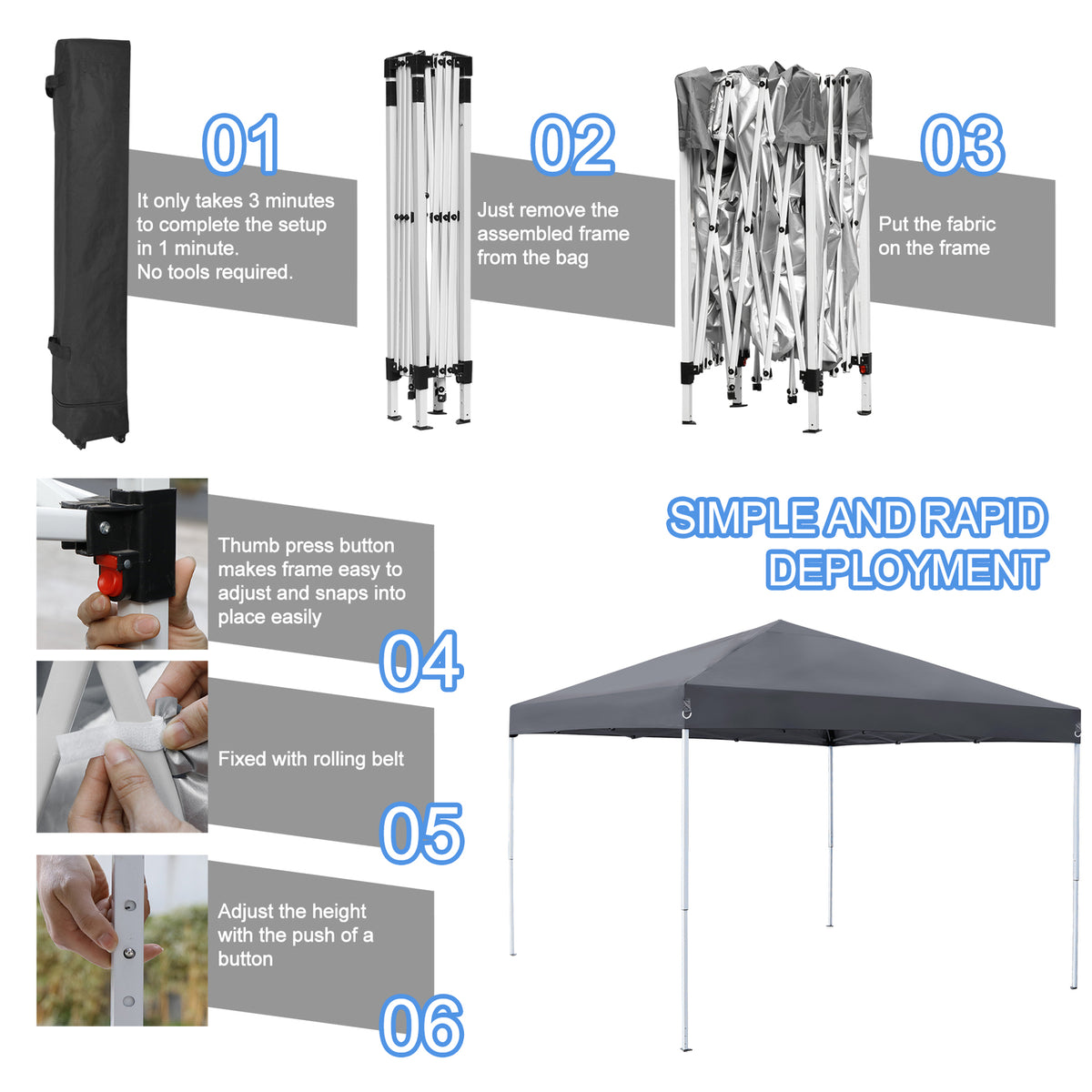 10x10ft Pop Up Canopy Tent with Water-Resistant Roof and Carry Bag Gray
