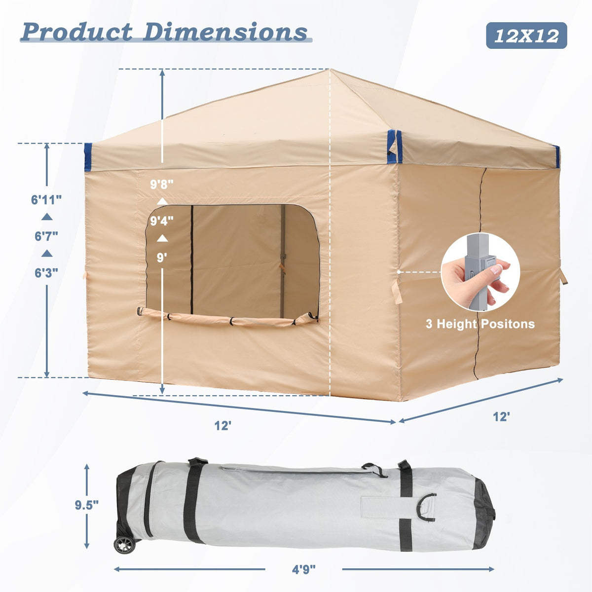 Portable Pop Up Canopy Tent with Sidewalls - 10x10 or 12x12 ft Shade Shelter with Stakes & Bag