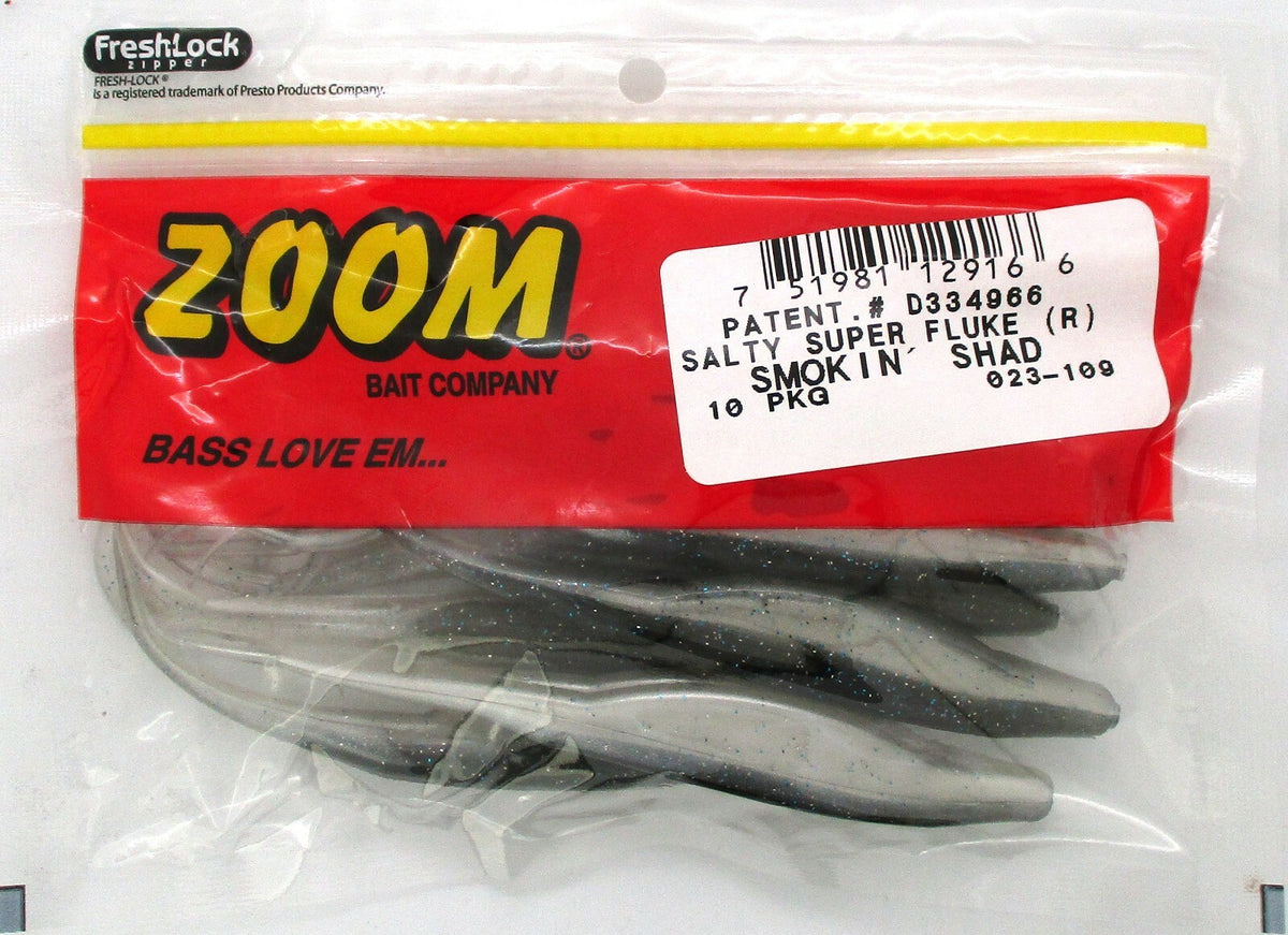Zoom 5 1/4 Inch Salty Super Fluke Smokin' Shad Soft Plastic Bait - Unopened Pack