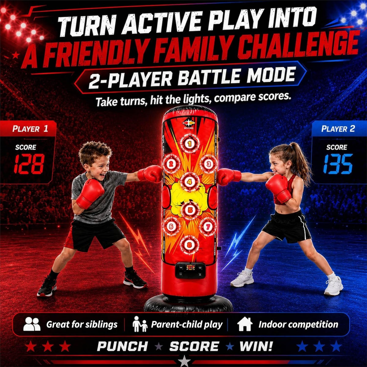 Kids Inflatable Punching Bag Set with LED Targets, Gloves, Mat & Pump