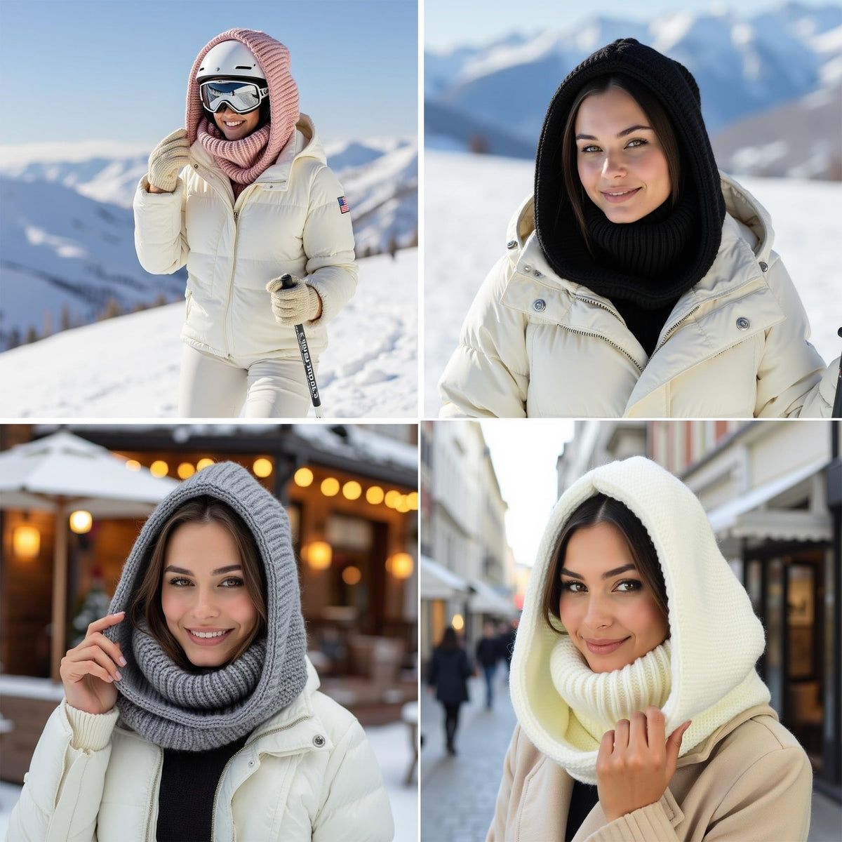 Women Wool Knit Hooded Scarf with Detachable Balaclava and Neck Gaiter
