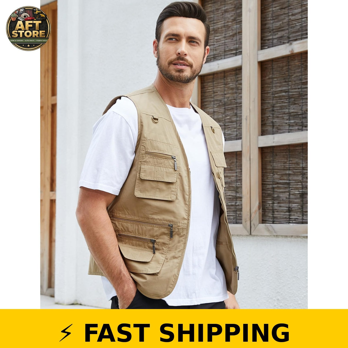 Men's Fishing Utility Vest with Multiple Pockets - Khaki, Large