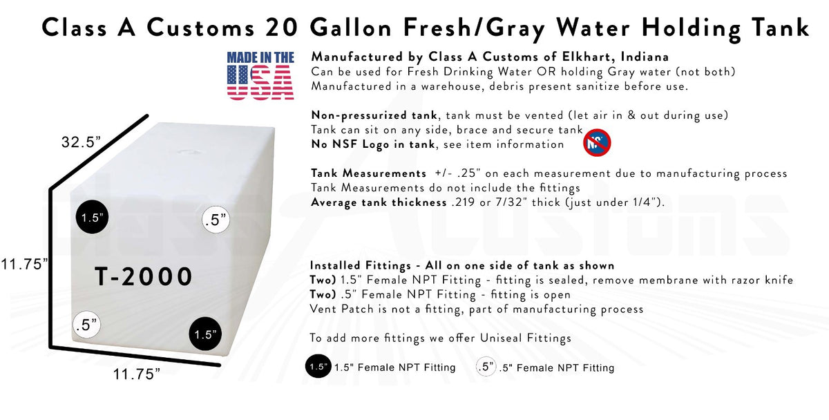 20 Gallon Fresh and Gray Water Holding Tank - Food Safe, BPA Free, NSF Certified
