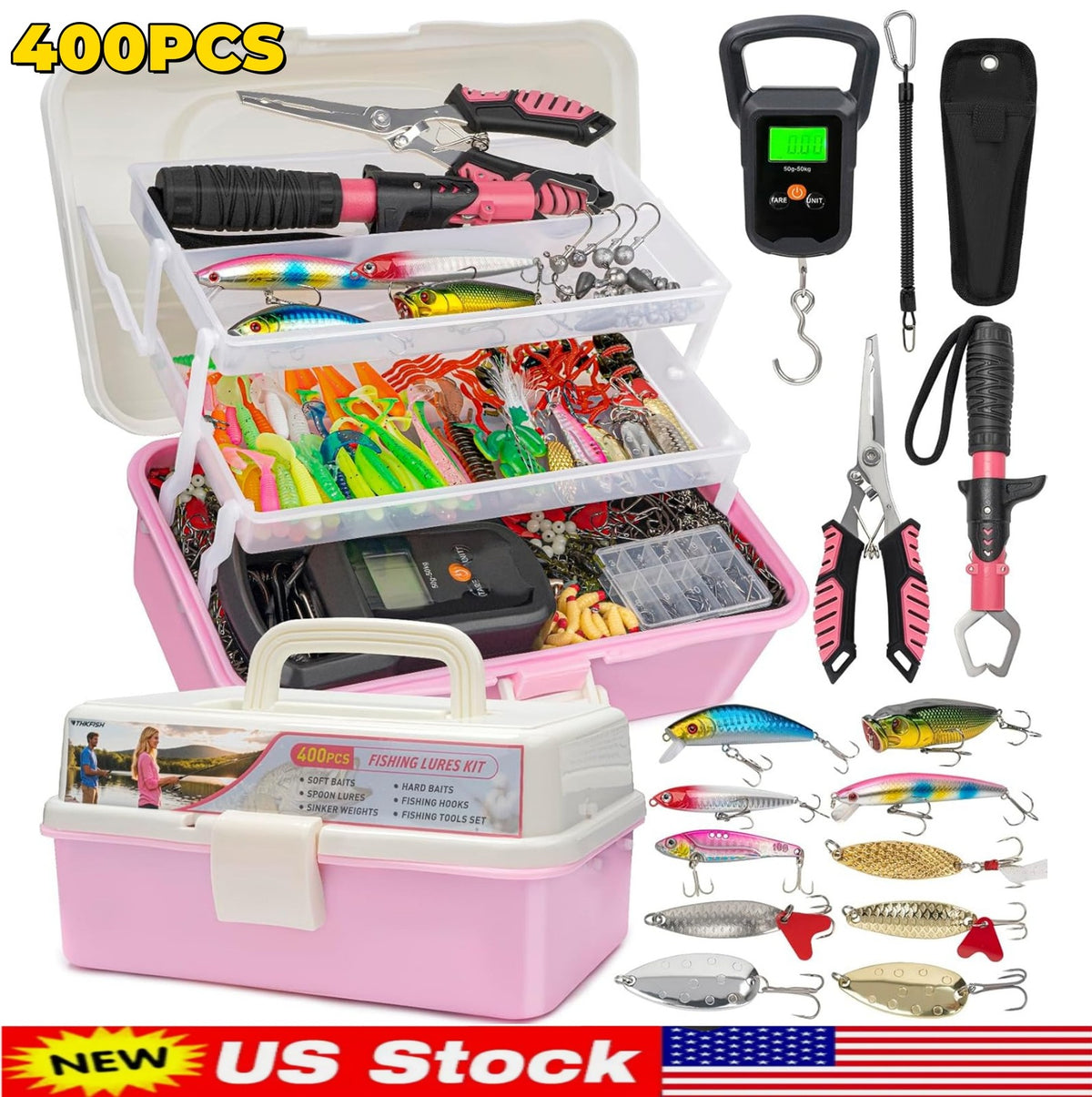 Large 3-Layer Tackle Box Kit for Fishing Accessories and Lures - 400 Pieces