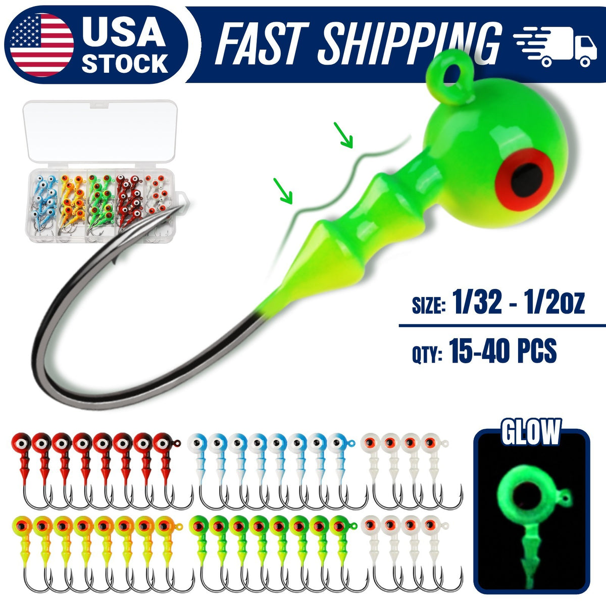 Fishing Jig Heads 15-40 Pcs for Walleye Bass Lure Swimbaits - Multiple Sizes