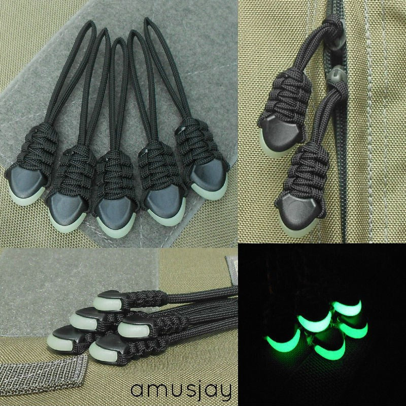 Paracord Zipper Pulls Black Glow in Dark End Caps 5 Pack Rugged Gear Accessory