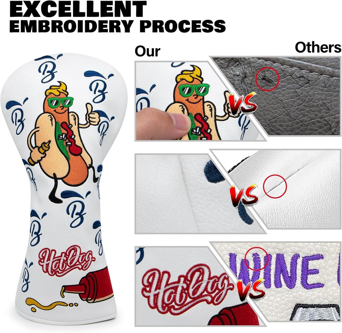Golf Club Headcovers Leather Hot Dog Style with Number Tag