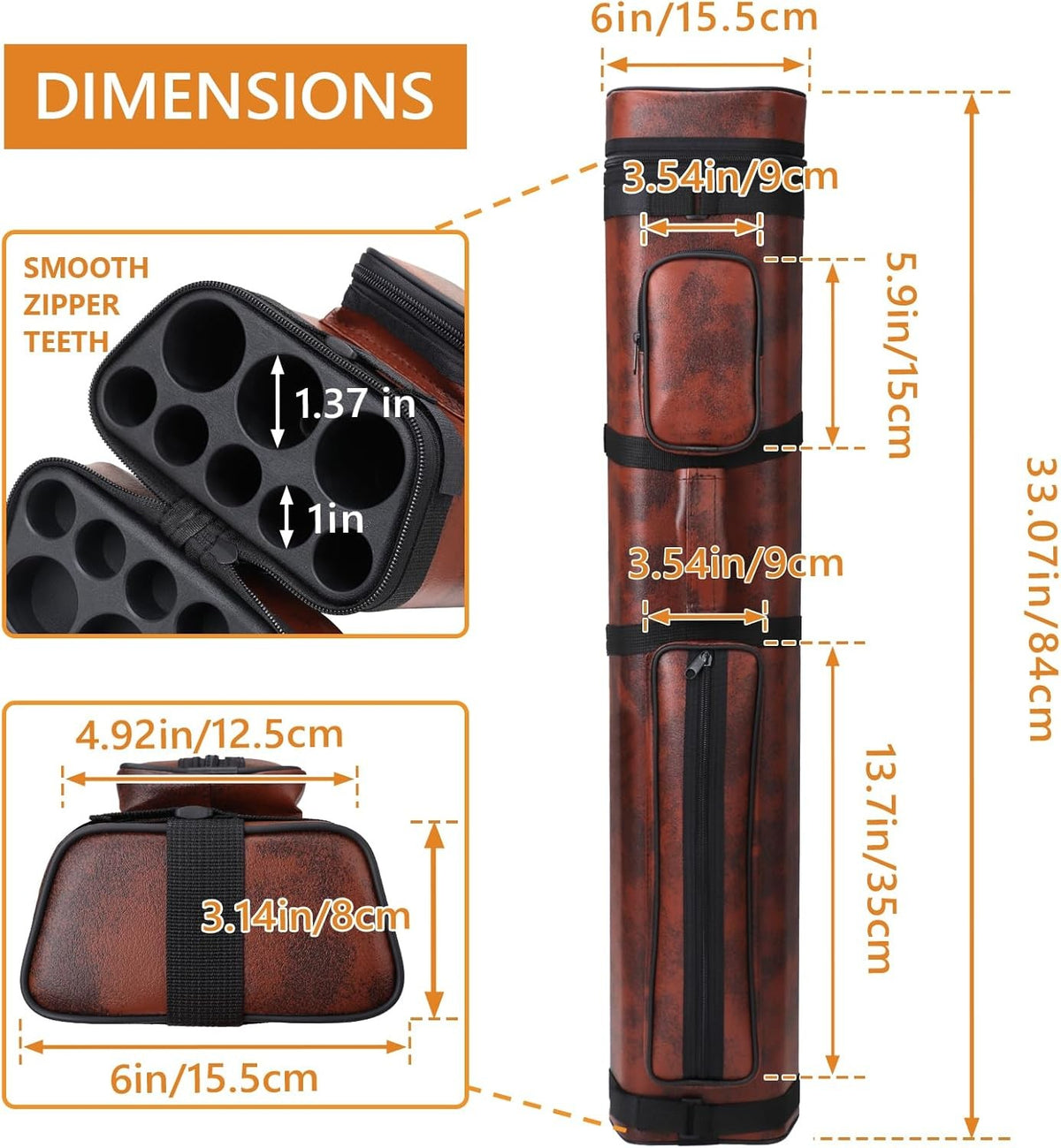 3-Butt 5-Shaft Billiard Cue Case – Hard Leatherette, Water-Resistant, T‑Shaped Divider